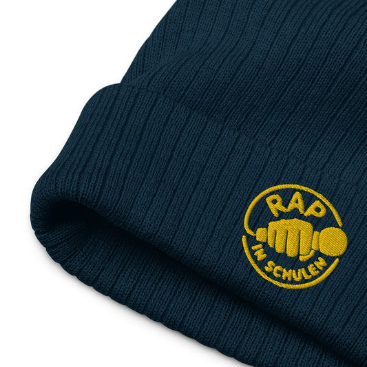 Gerippte Strickmütze Navy mit Goldener Stickerei